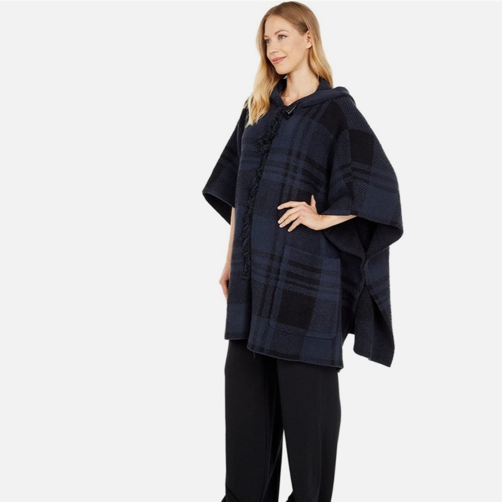 Barefoot Dreams CozyChic Plaid Fringe Hooded Poncho One Size Oversized